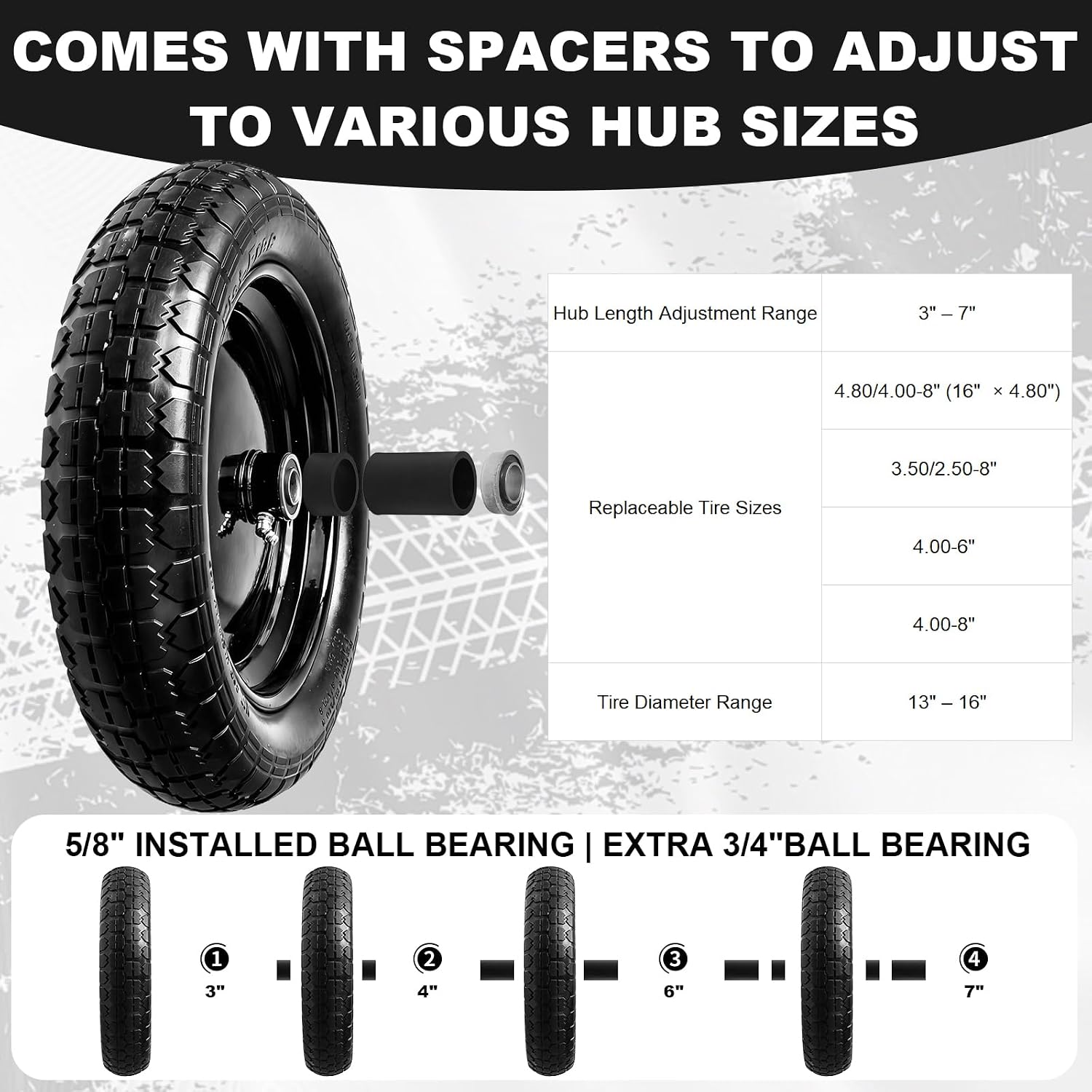 1-Pack 4.80/4.00-8 Tire - 14.5" Flat-Free Tire Wheelbarrow Tire with 3" Centered Hub, 5/8" 3/4" Bearings, Heavy Duty