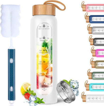 Glass Water Bottles 25 Oz with Silicone Sleeve - BPA Free Reusable Wide Mouth Glass Motivational Water Bottles with