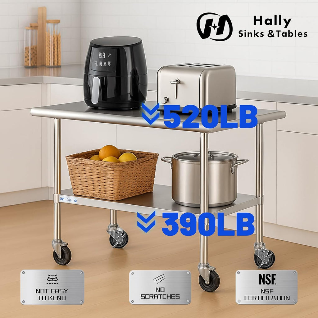 Hally Stainless Steel Table for Prep&Work 30" x 60" with Wheels Commercial