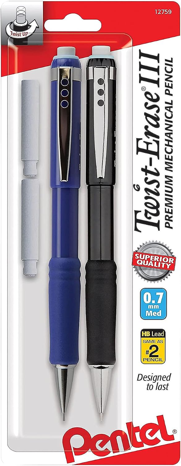 Twist-Erase III Mechanical Pencil, (0.7mm), Assorted Barrel Colors with 2 Eraser Refills, Pack of 2 (QE517BP2)