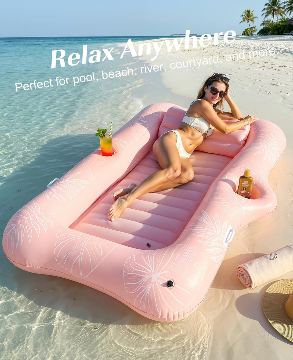 Inflatable Tanning Pool Lounger Float, Suntan Tub for Adults, Blow Up Sunbathing Pool with Integrated Pillow and Cup