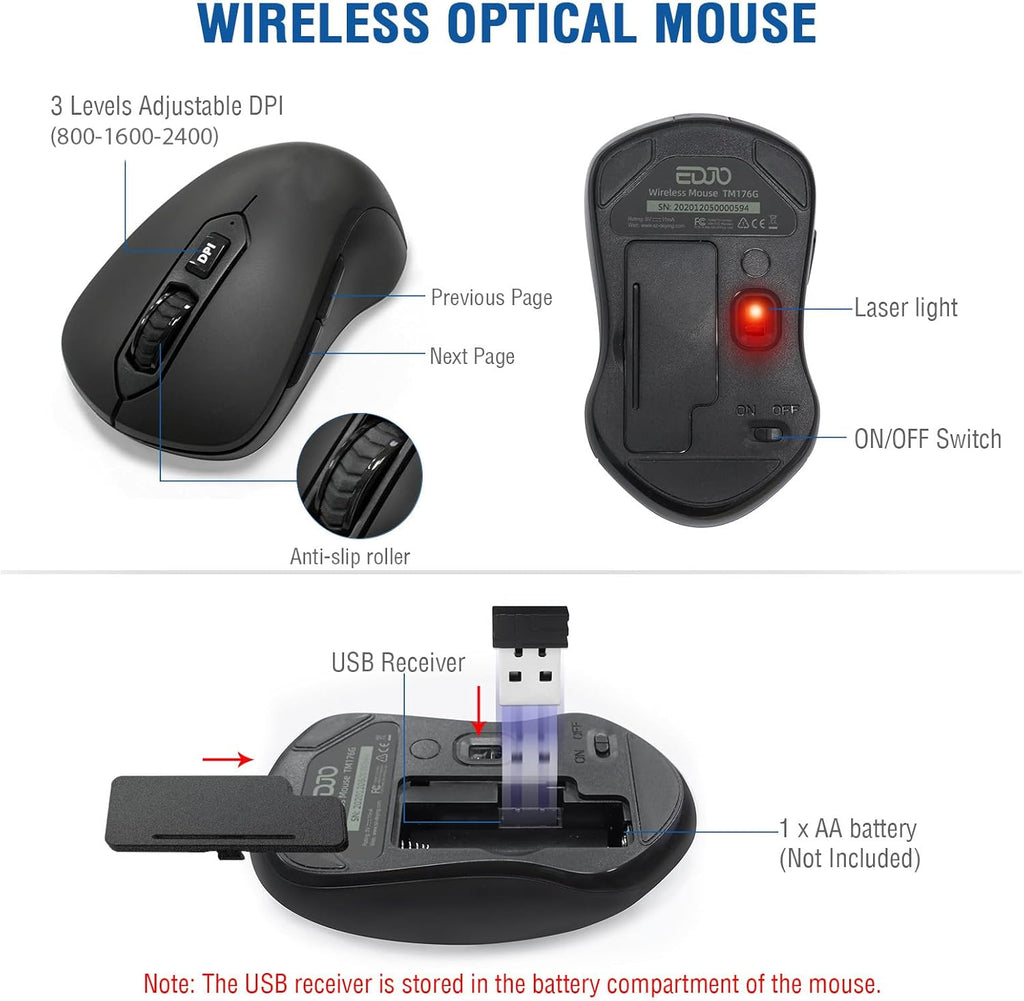 Wireless Keyboard and Mouse Combo, EDJO 2.4G Full-Sized Ergonomic Computer Keyboard with Wrist Rest and 3 Level DPI