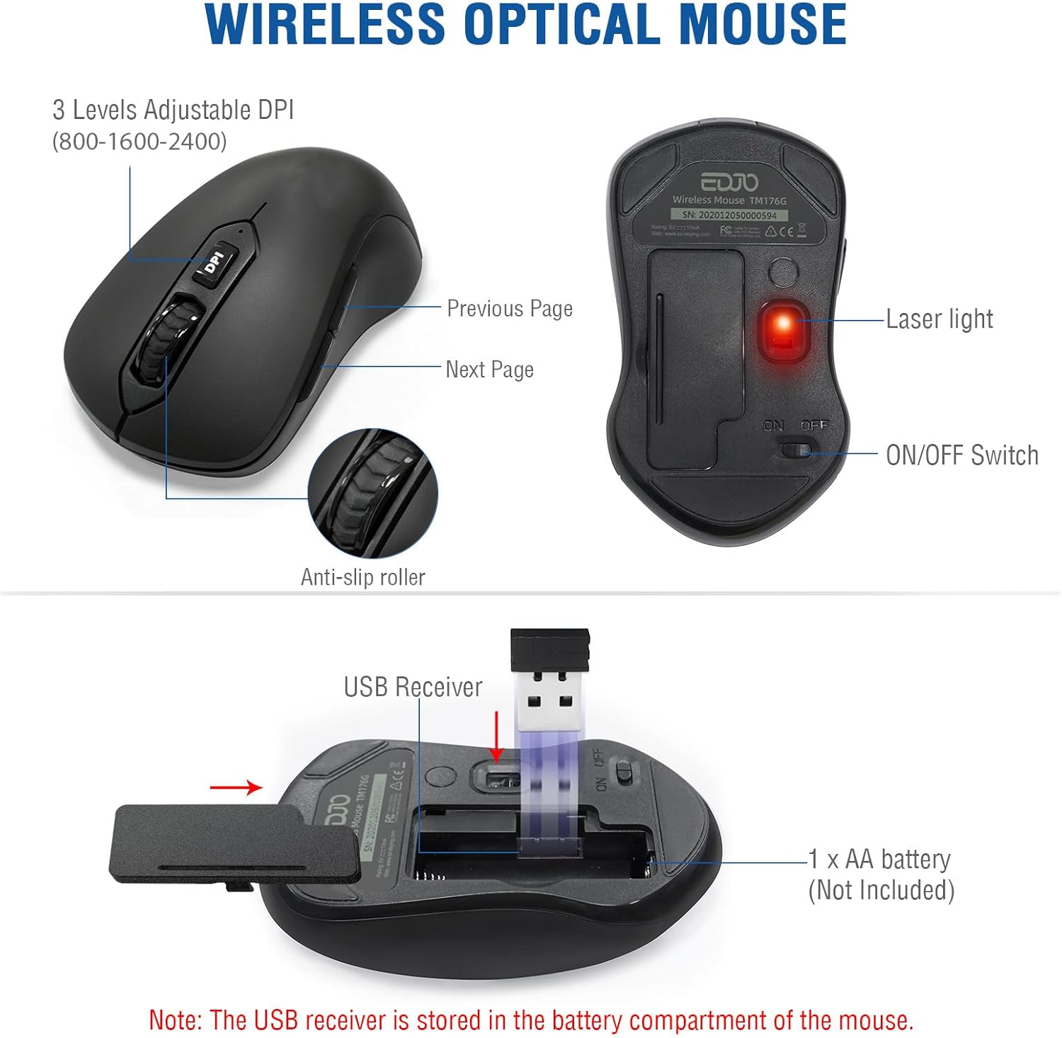 Wireless Keyboard and Mouse Combo, EDJO 2.4G Full-Sized Ergonomic Computer Keyboard with Wrist Rest and 3 Level DPI