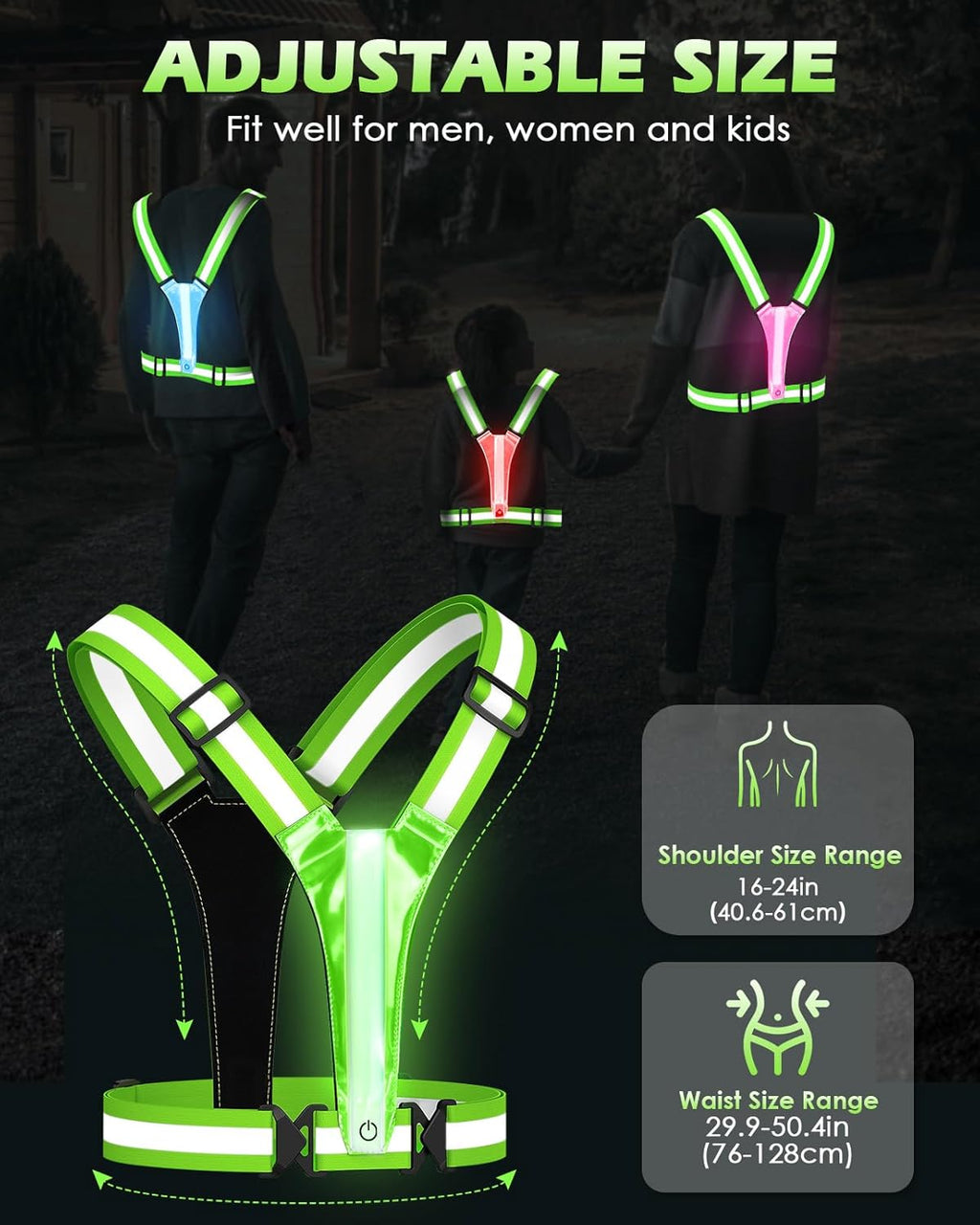 LED Reflective Vest Running Gear, 5 Lights Colors High Visibility Reflective Running Gear Rechargeable Light Up