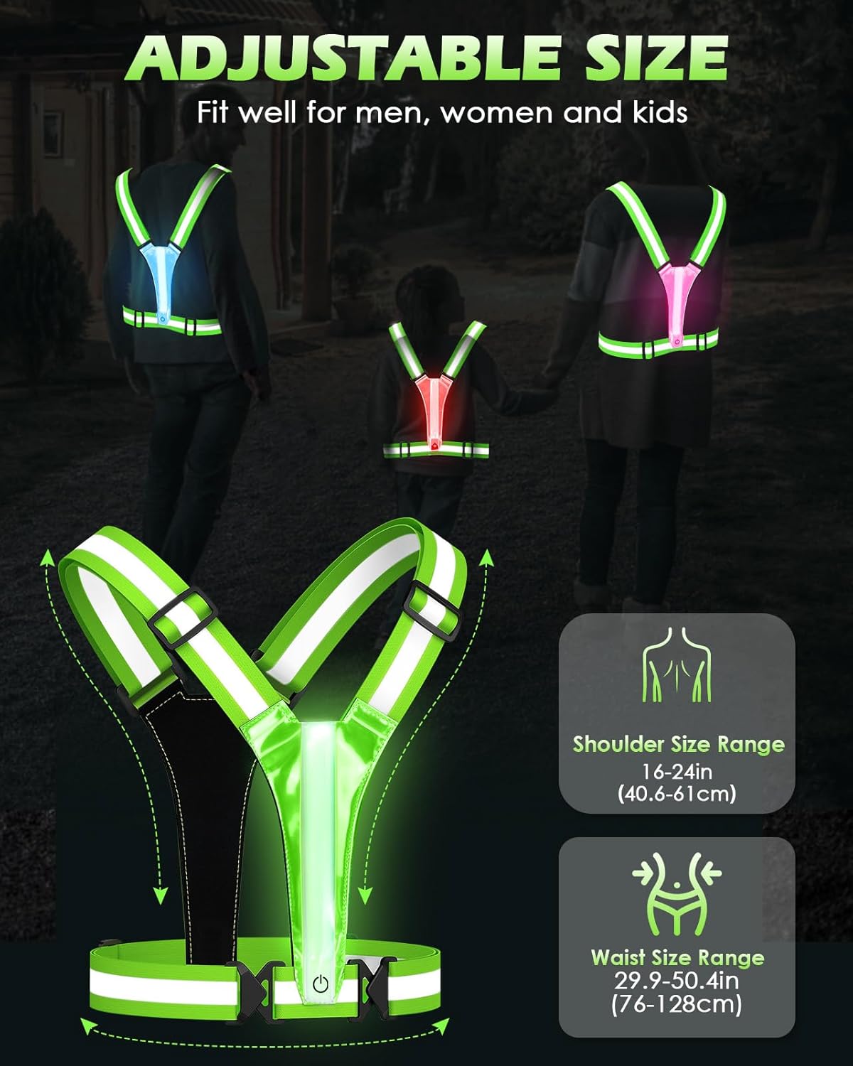LED Reflective Vest Running Gear, 5 Lights Colors High Visibility Reflective Running Gear Rechargeable Light Up