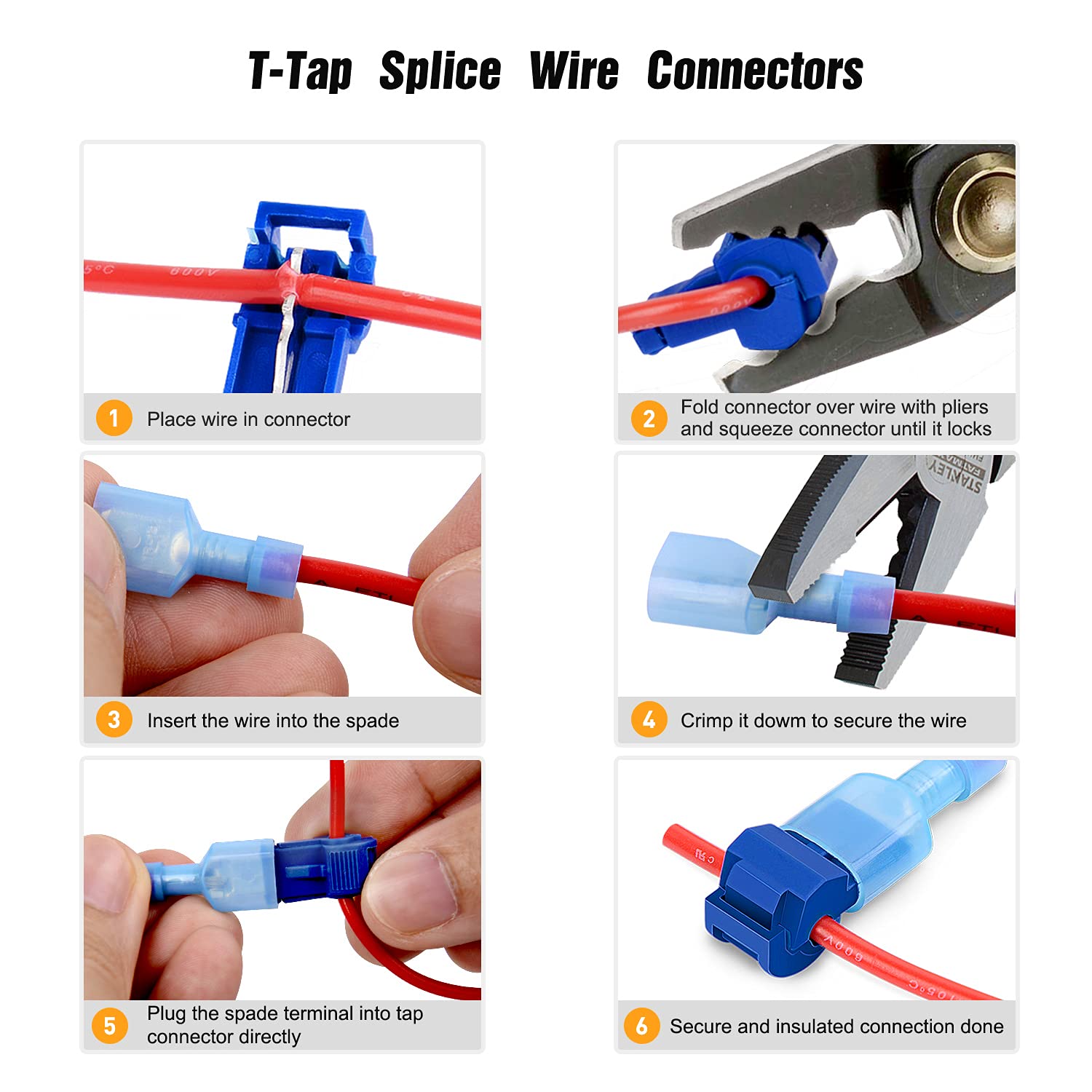 50004R 120 Pcs/60 Pairs Quick Splice Wire Terminals T-Tap Self-stripping with Nylon Fully Insulated Male Quick