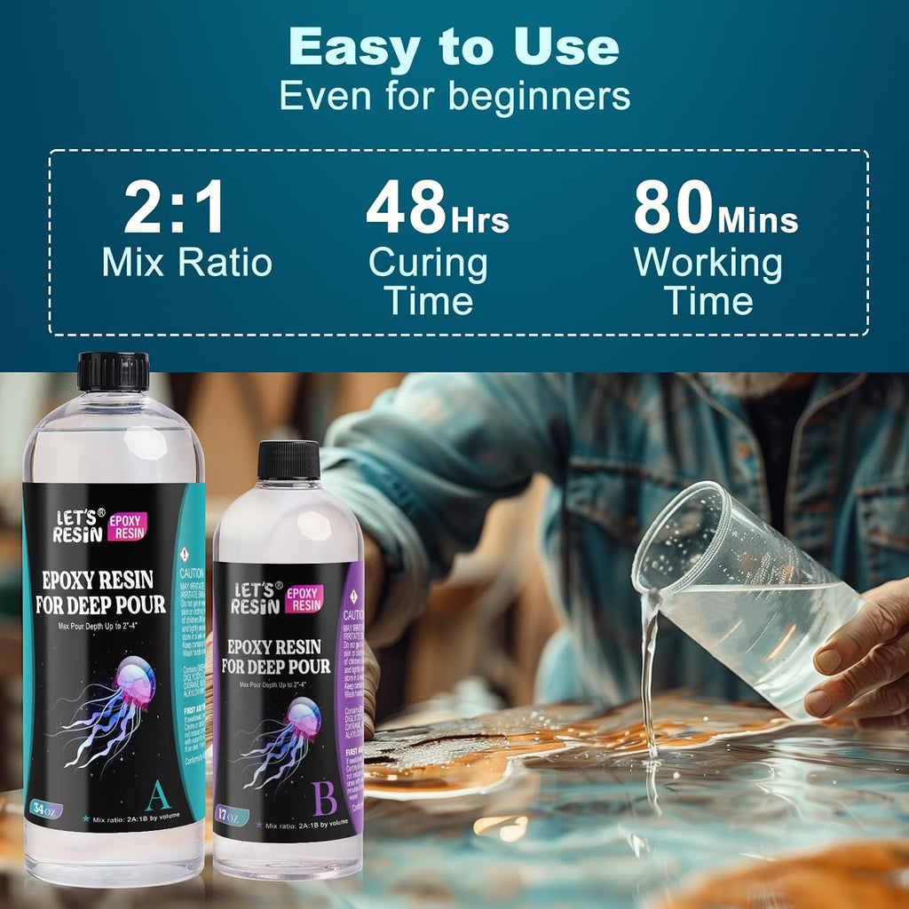 51OZ Deep Pour Epoxy Resin for 2-4 inch Pour | Bubble Free, Low Odor,2:1mix ratio, Low Viscosity Casting Resin for