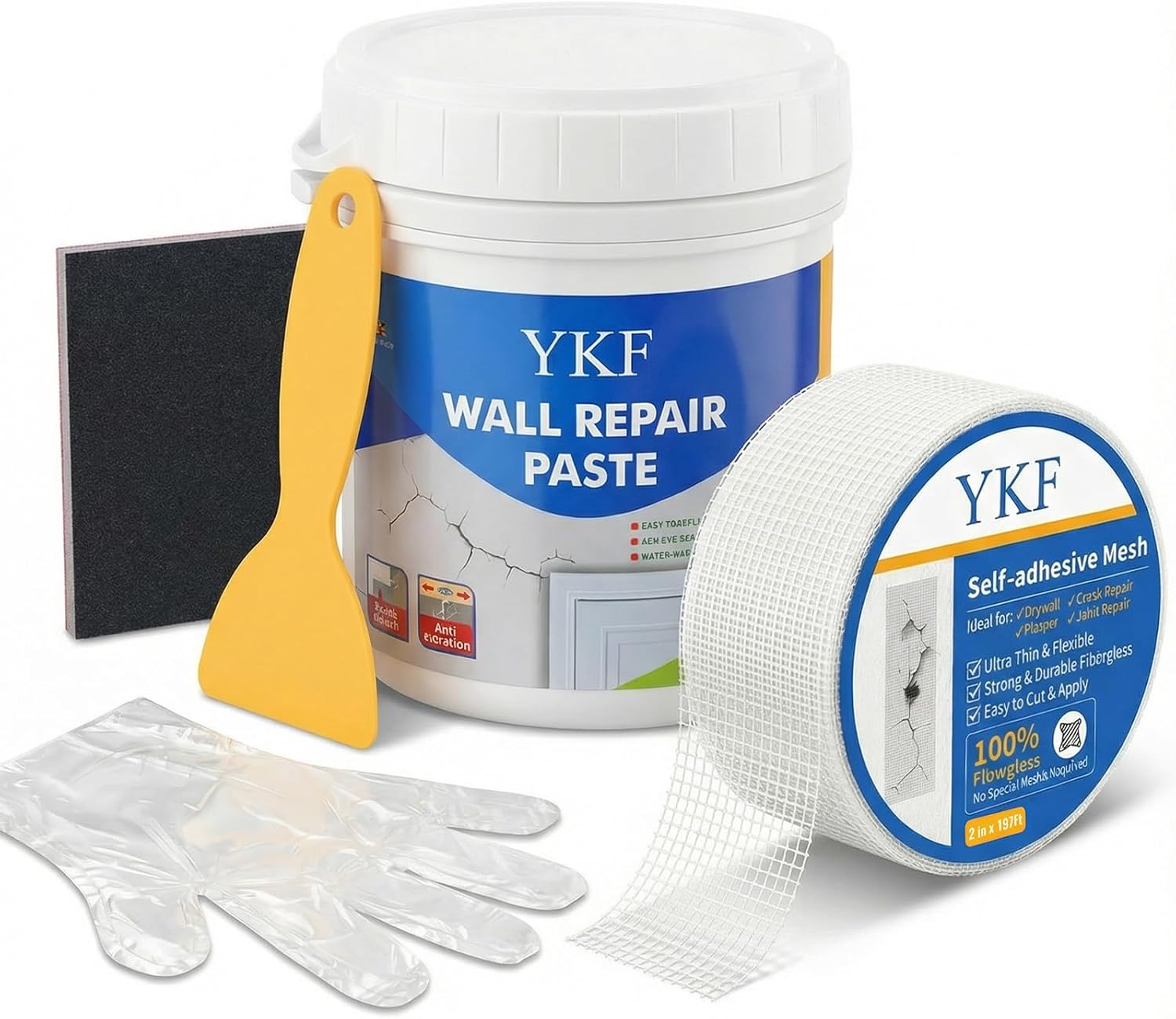 Drywall Repair Kit, 18 oz Ready to Use Quick Dry Wall Repair Paste with Scraper and Self-Adhesive Mesh, White Spackle