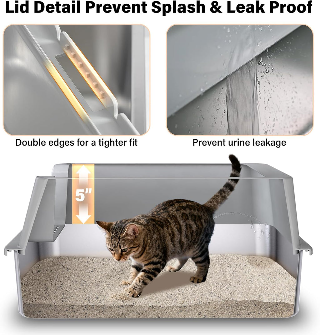 Stainless Steel Cat Litter Box with Lid, Large Metal Litter Box Stainless Steel with Mat & Scoop