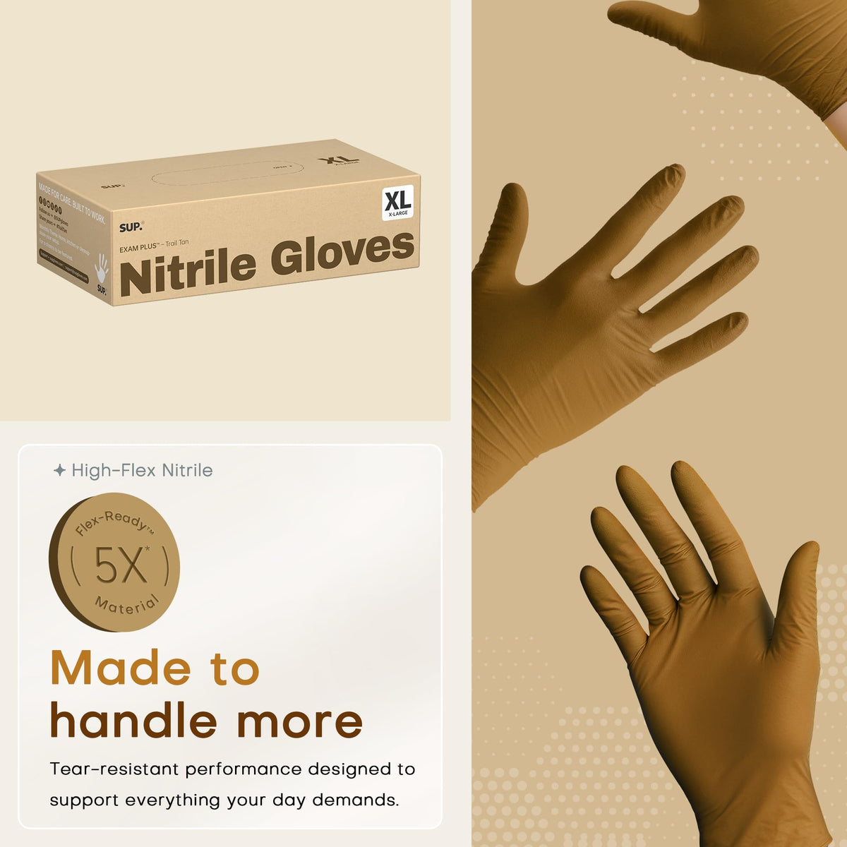 SUP Exam Plus Nitrile Gloves, Powder-Free Disposable, Trail Tan 100Ct (XL)