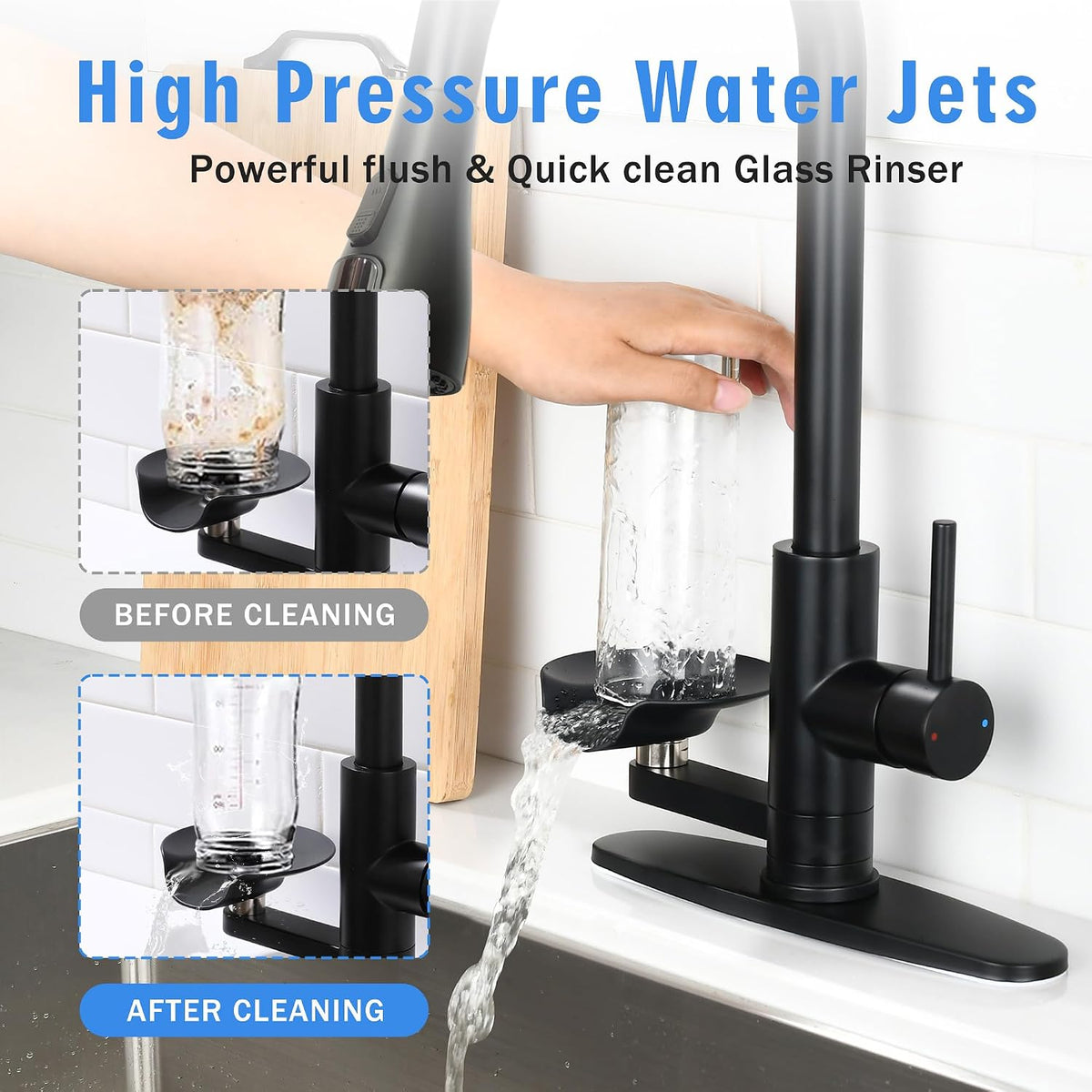 Pull Down Kitchen Faucet with Glass Rinser & Temp Display, Matte Black