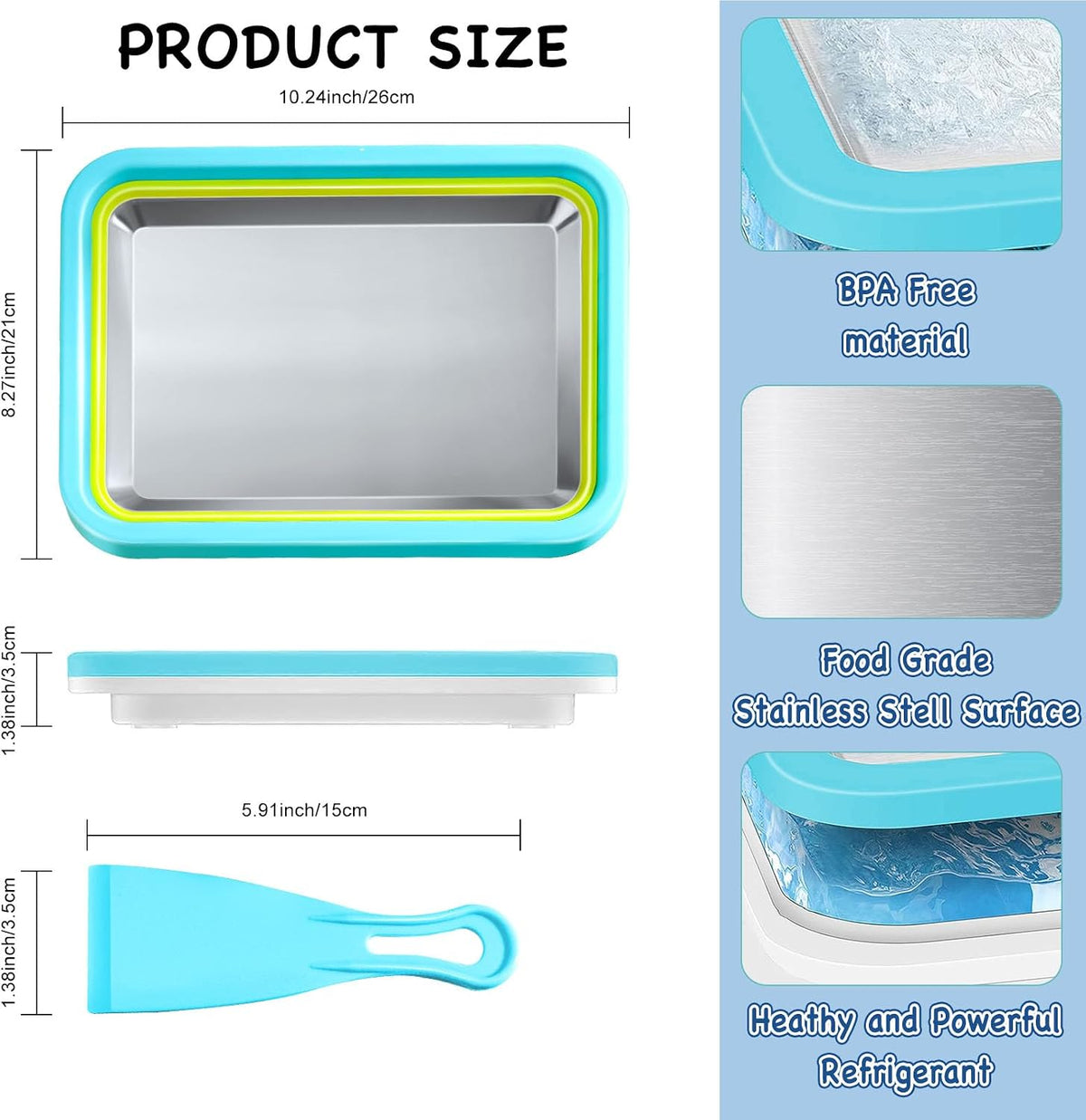 Rolled Ice Cream Maker, Stainless Steel Freezer Tray, Lake Blue