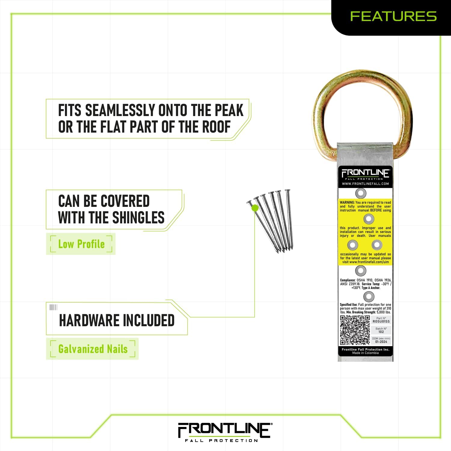 Frontline ROSU01SS Stainless Steel Permanent Roof Anchor | Corrosion Resistant | 5,000 lbs Strength | OSHA & ANSI