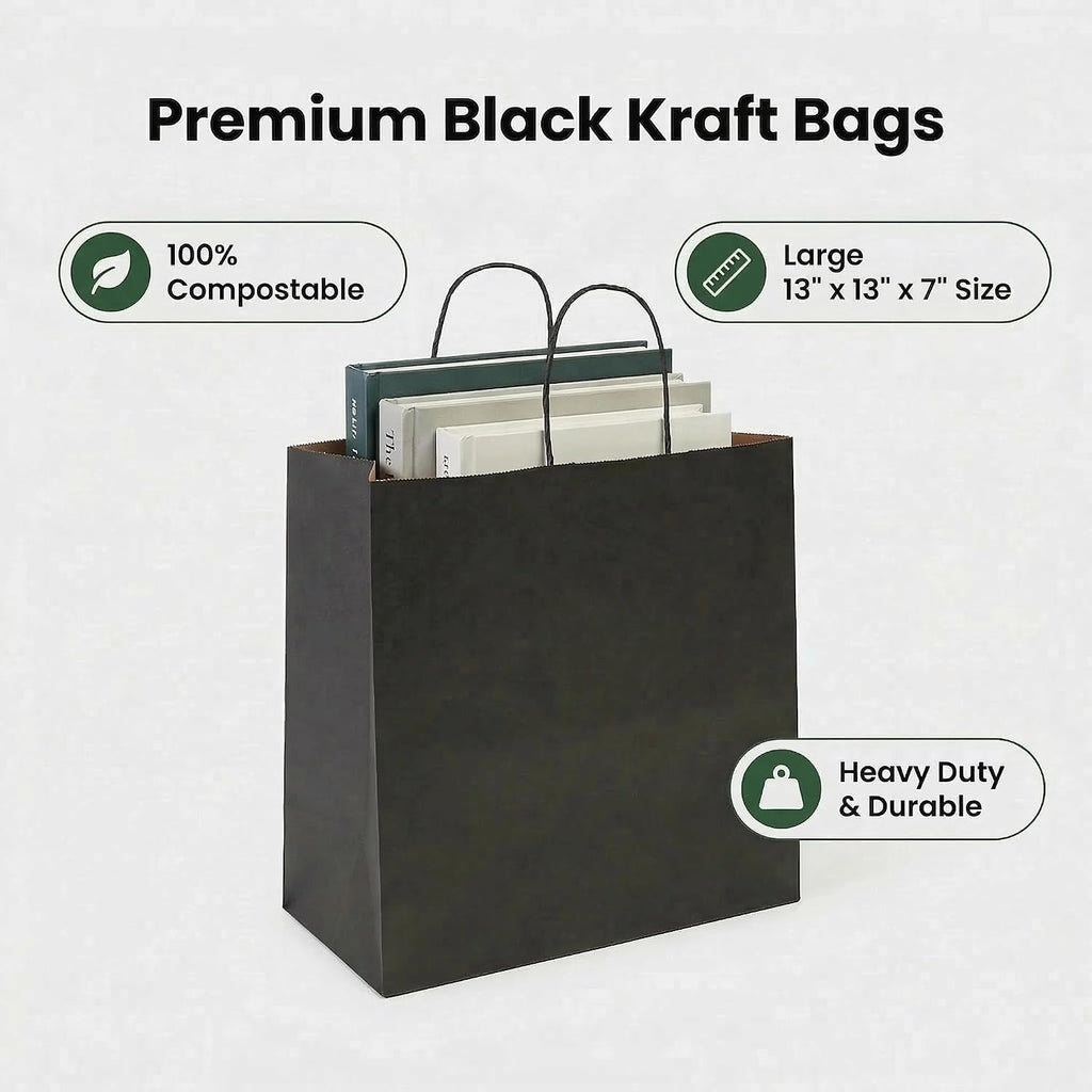 Large Black Kraft Paper Gift Bags with Handles, 13x7x13 Inch, 100Pack