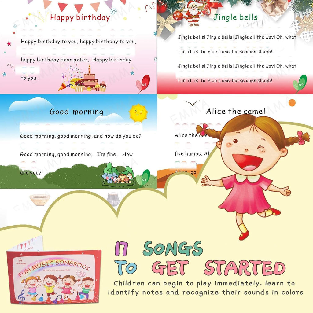 Hand Bells, 8 Note Musical Handbells Set with 17 Songbook Musical Toy Percussion Instrument for Toddlers Children