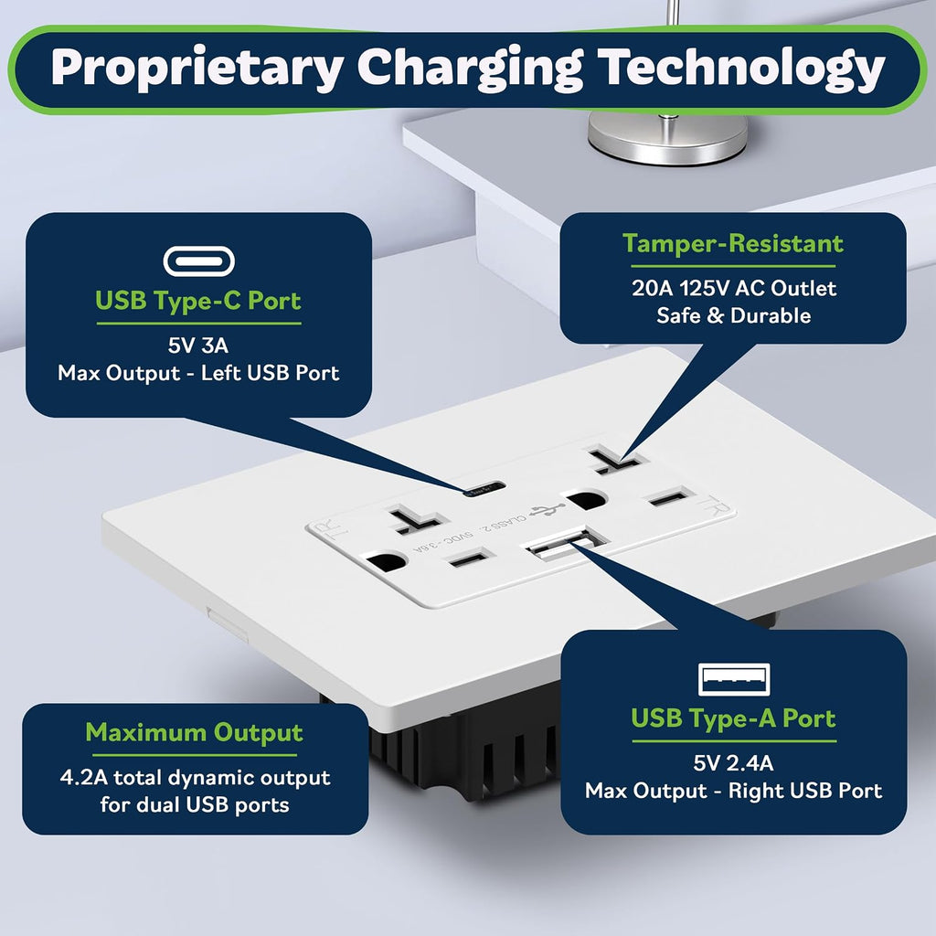 TOPGREENER USB Wall Outlet, 4.2A USB Receptacle with Type A&C Ports, 6 Pack
