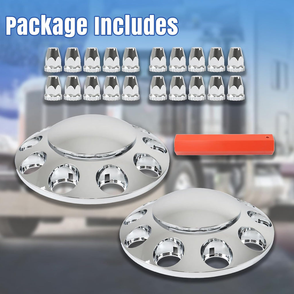 2 Chrome Front Hub Axle Cover Center Caps with 33mm Lug Nut Covers Replacement for Semi Truck 20 in, 22.5 in and 24.5