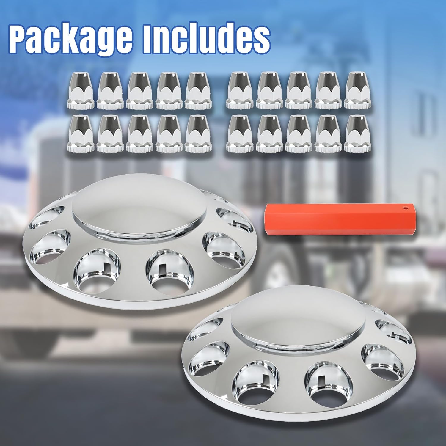 2 Chrome Front Hub Axle Cover Center Caps with 33mm Lug Nut Covers Replacement for Semi Truck 20 in, 22.5 in and 24.5
