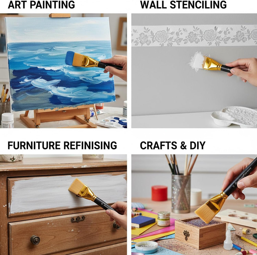 1 1/2 Inch Flat Paint Brushes 3Pcs - Large Acrylic, Oil & Watercolor Paint Brushes with Wooden Handle - Professional