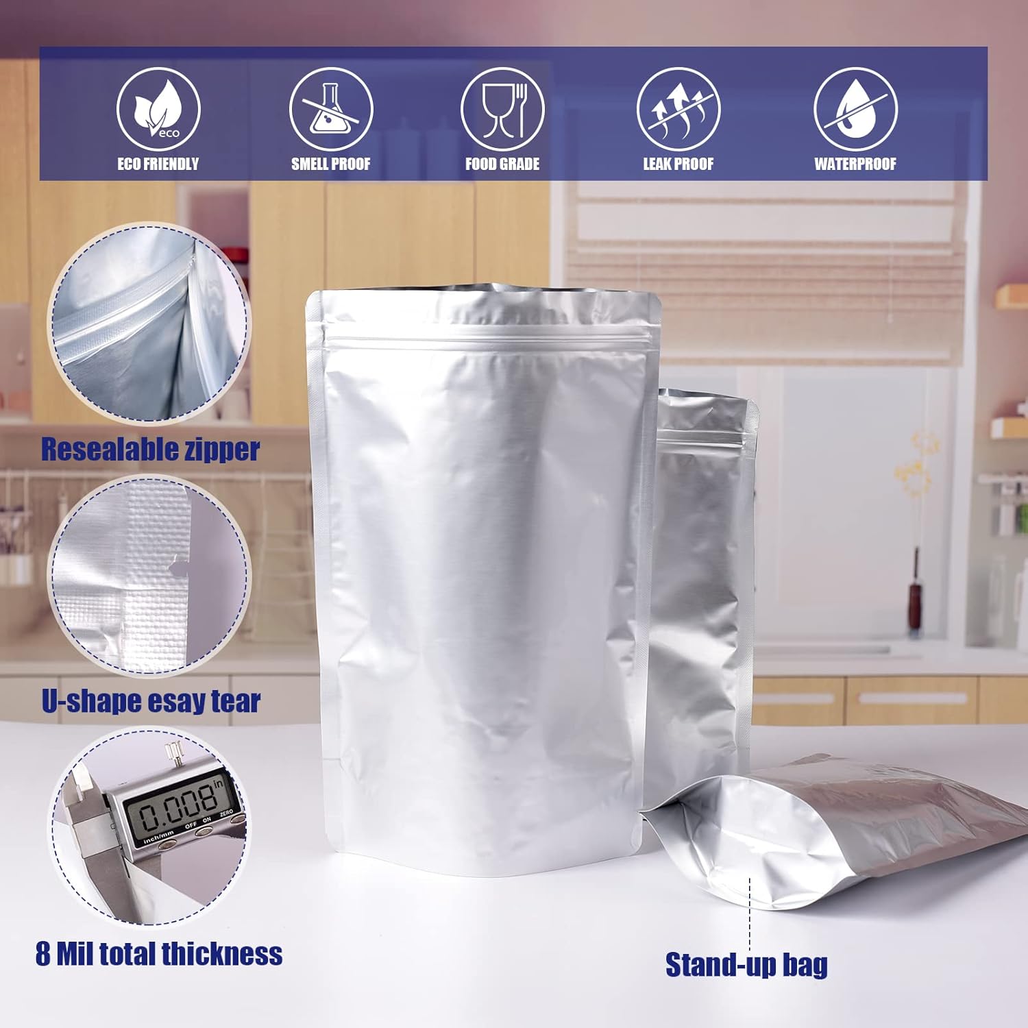 Lebodu 120 Mylar Bags with 120 x 300cc Oxygen Absorbers for Food Storage | 8 Mil, 4 Sizes (10"x14", 7.5"x11.5"