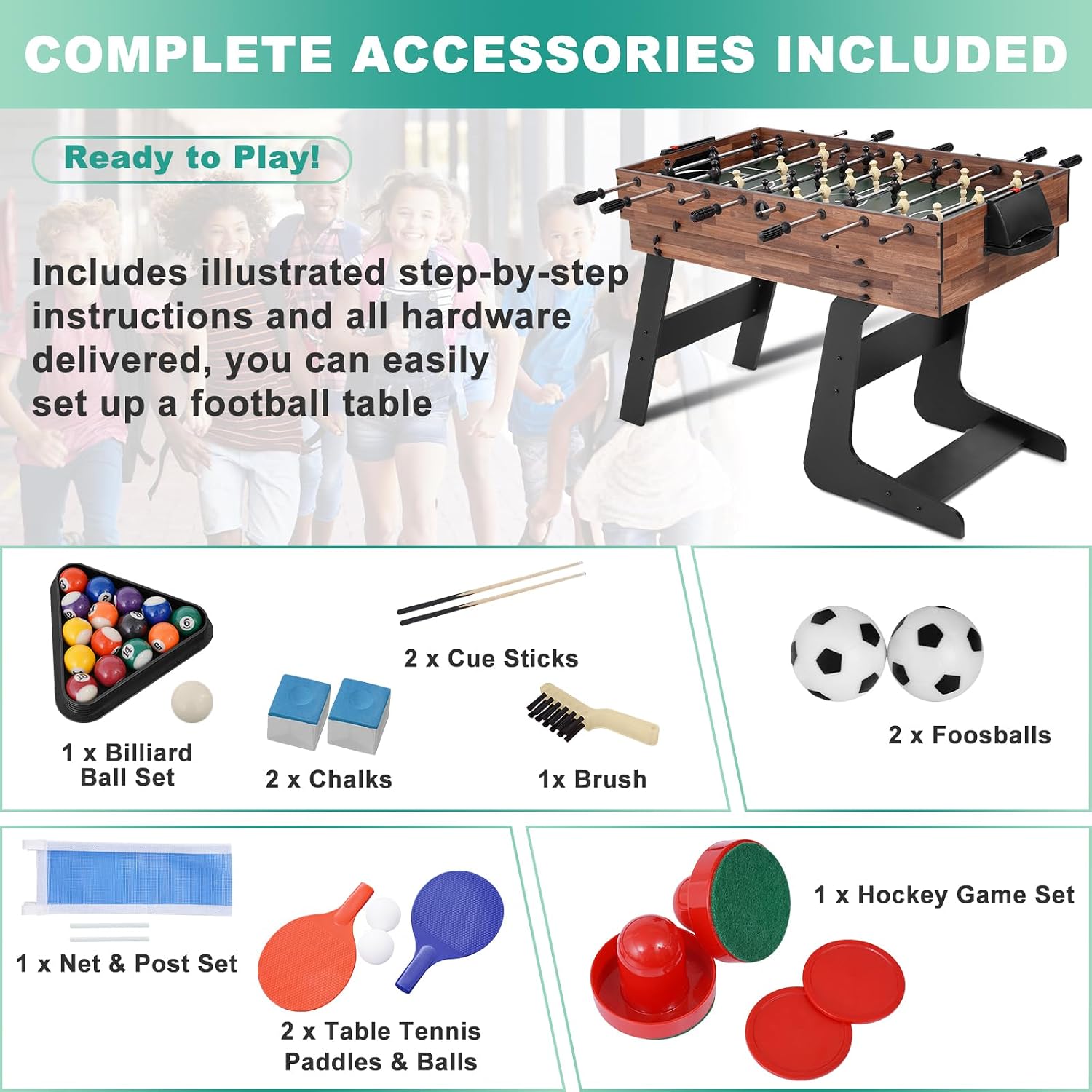 4-in-1 Foldable Multi Game Table for Home, Game Room | Combo Game Table Set with Ping Pong, Hockey, Pool Billiards