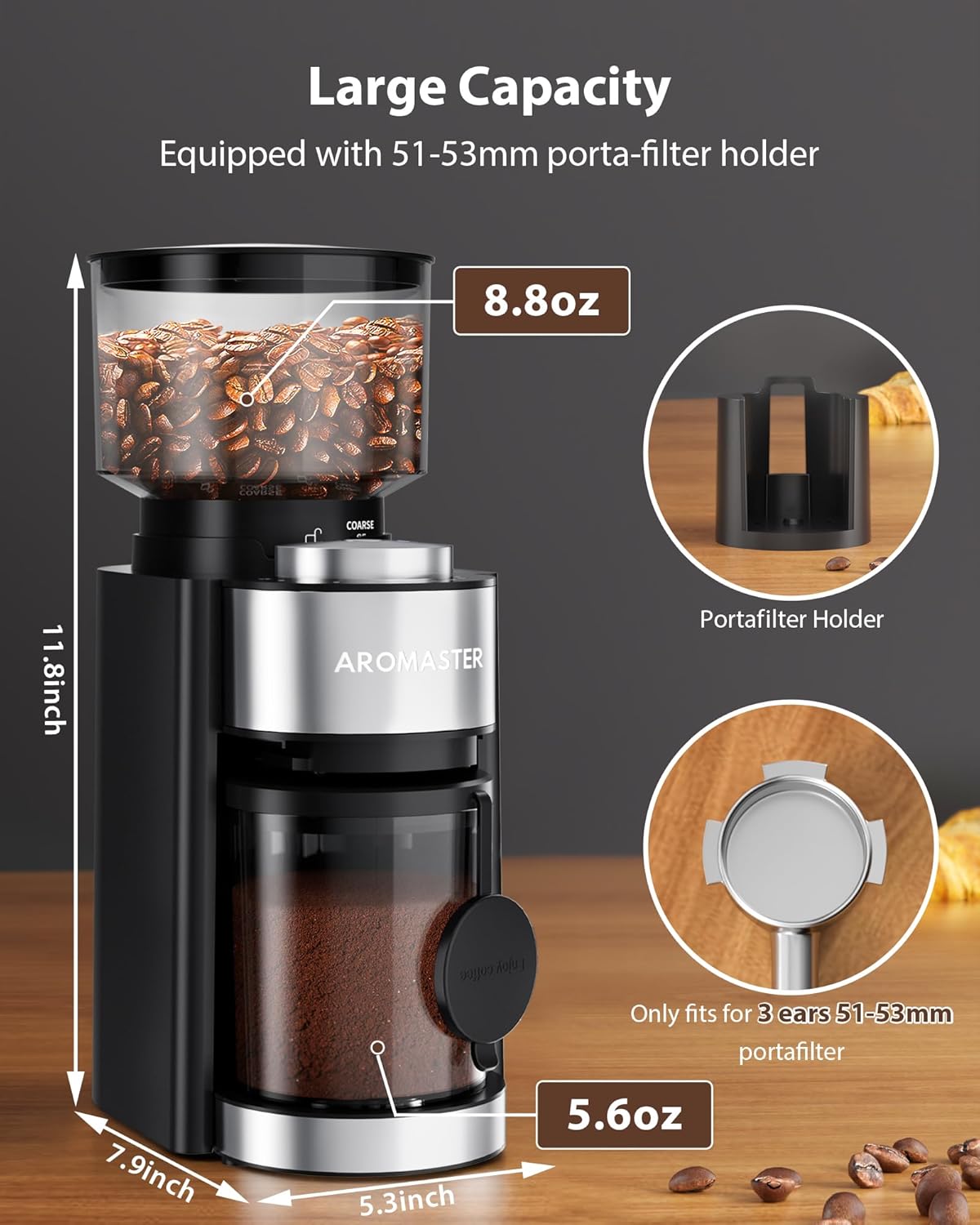 Aromaster Burr Coffee Grinder, 25 Settings, 2-12 Cups, Anti-Static, Black | Stainless Steel, Removable Burr, Brush