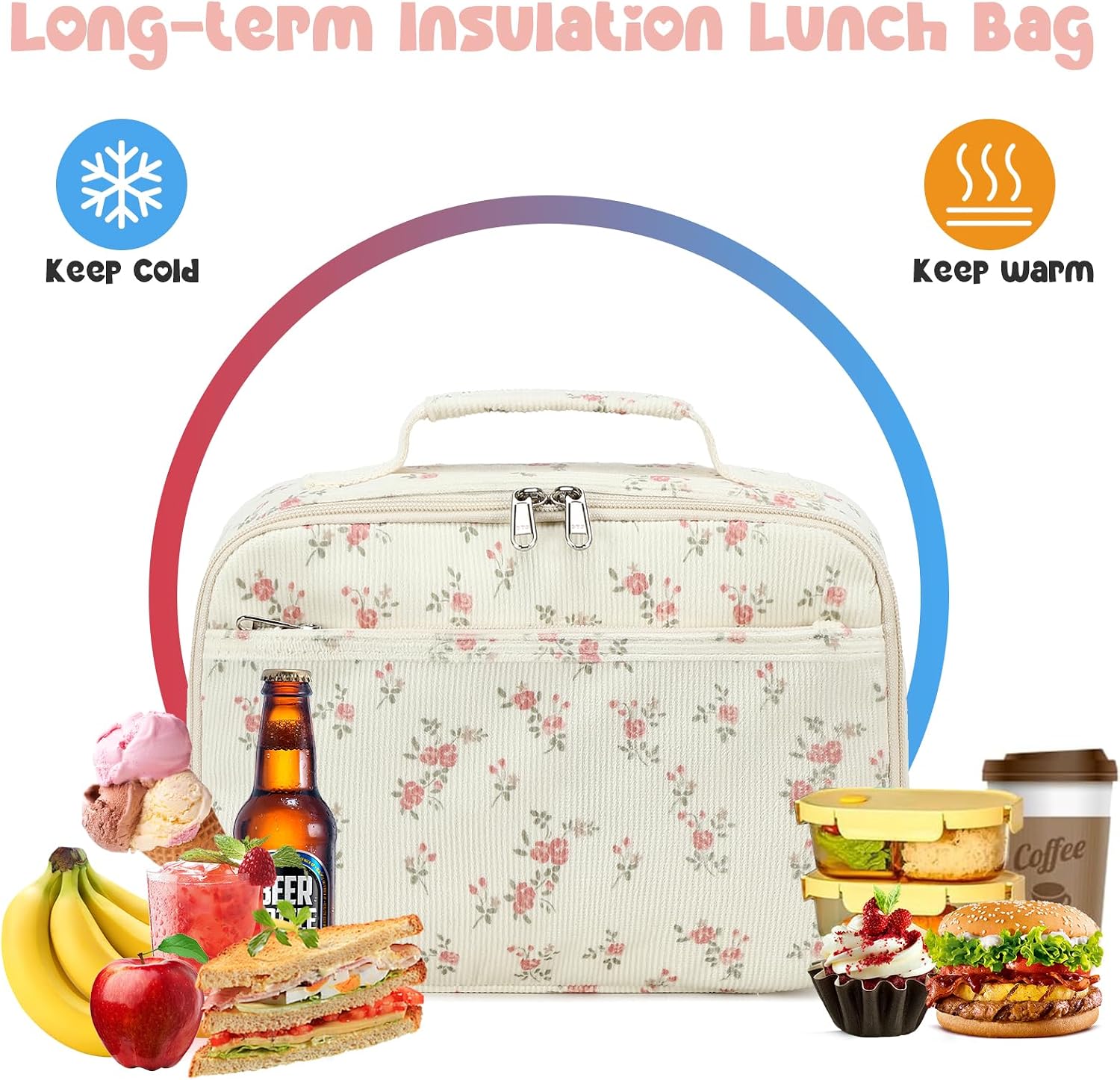 Kids Girls Lunch Bag Insulated Lunch Box for school Corduroy Lunch Cooler Organizer School Kids Lunch Tote