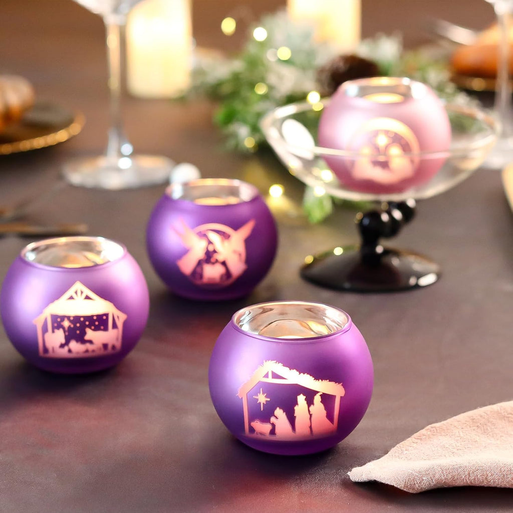 Advent Candle Holders Set of 4, Glass Tealight Votive Candle Hodlers Tabletop Nativity Christmas Table Decorations