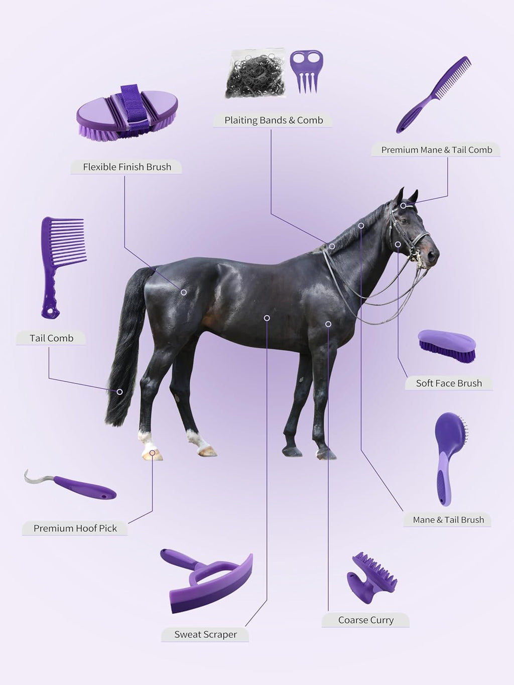 Horse Grooming Kit 9 Piece with Tote Bag, Grooming Supplies