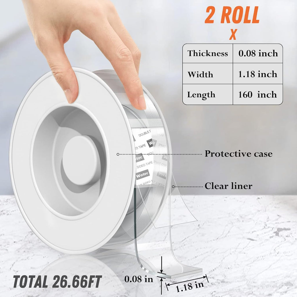2 Pack Extra Large Double Sided Tape Heavy Duty Removable 1.18 Inch x 160 Inch, Clear & Tough Nano Tape, Multipurpose