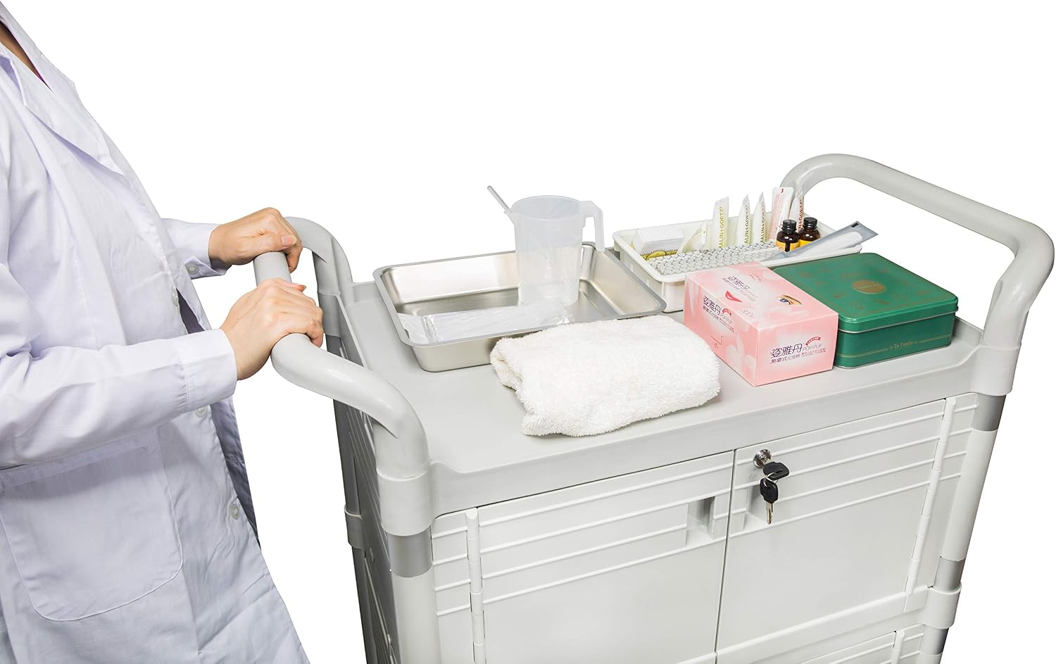 Equip Large Lockable Medical Cart 3 Shelf Hospital Cart Overall Size L34.43xD19.69 inch, JBG-3D2, 606 lbs Load Cap.