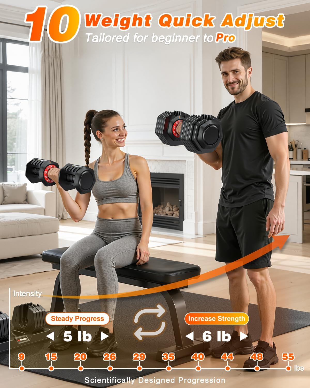 Adjustable Dumbbell Set with Foldable Weight Bench for Home Gym Use | 25/55/80/90 LB Options, 1-Second Dial