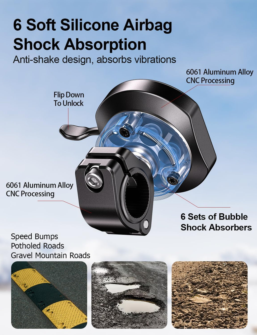 Aluminum Alloy Motorcycle Magnetic Phone Mount with Magnetic 4-Lock‌ | Vibration Dampener, 1s Auto Lock Bike Phone