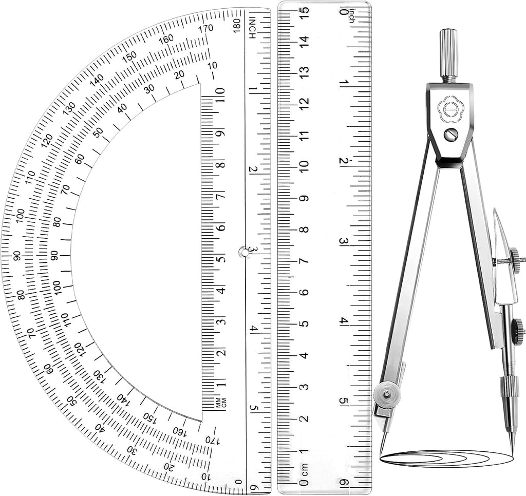 3 Pcs Plastic Ruler 6 Inch Protractor Drawing Compass Set, Student Geometry Math Transparent Measuring Tools for Home