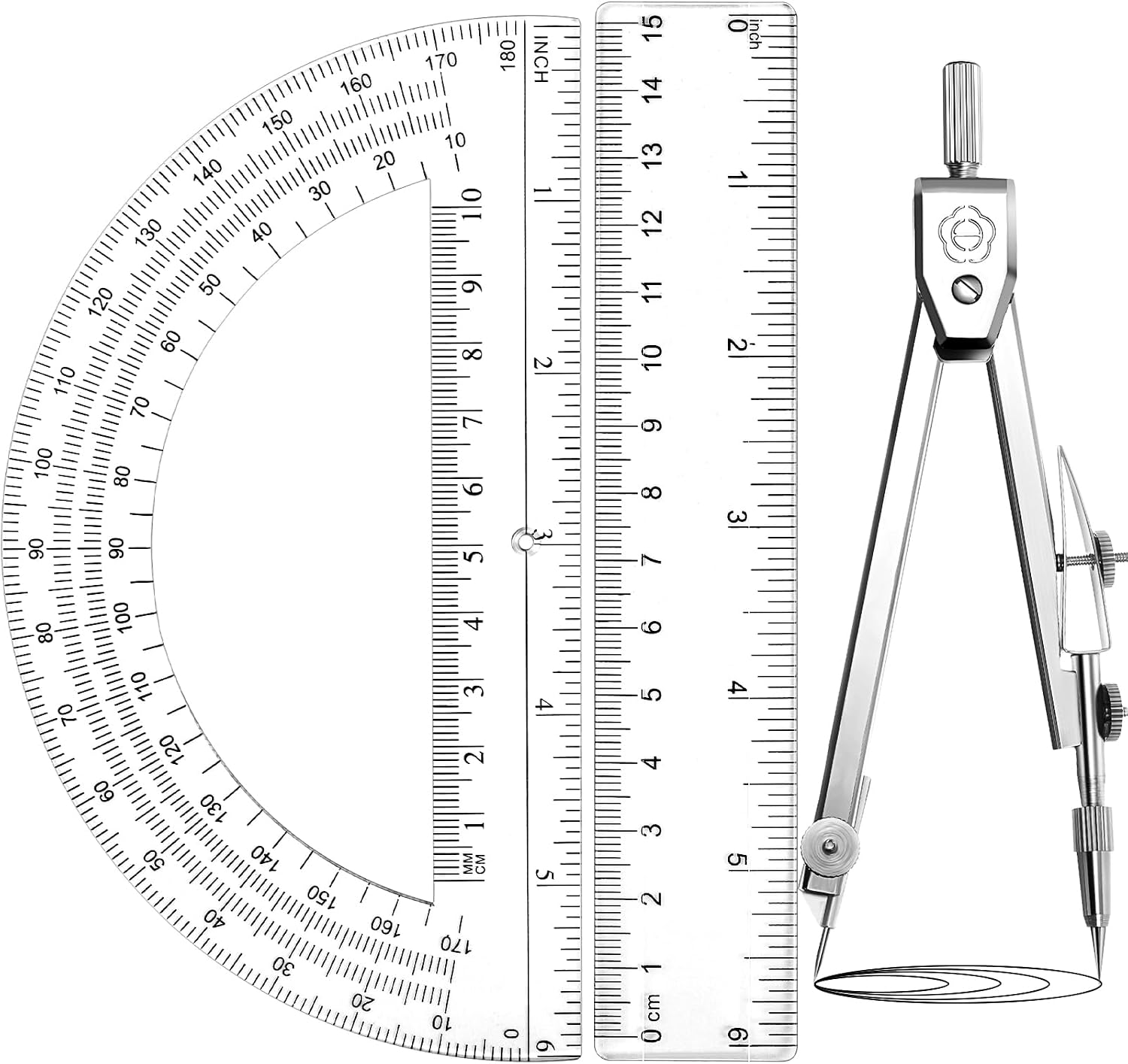 3 Pcs Plastic Ruler 6 Inch Protractor Drawing Compass Set, Student Geometry Math Transparent Measuring Tools for Home