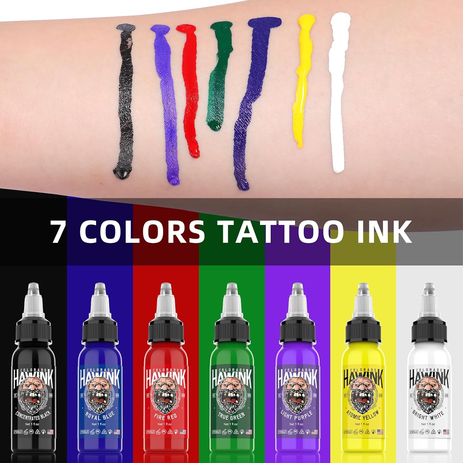 Tattoo Ink - 7 Color 1oz(30ml) Vegan-Friendly USA Standard Pigment Ink Professional Use, Organic, Vegan, Bold