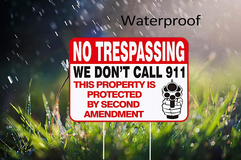 Funny No Trespassing Signs Private Property, 10''X14'' No Trespassing Yard Sign with Stakes, Safety & Privacy Gun