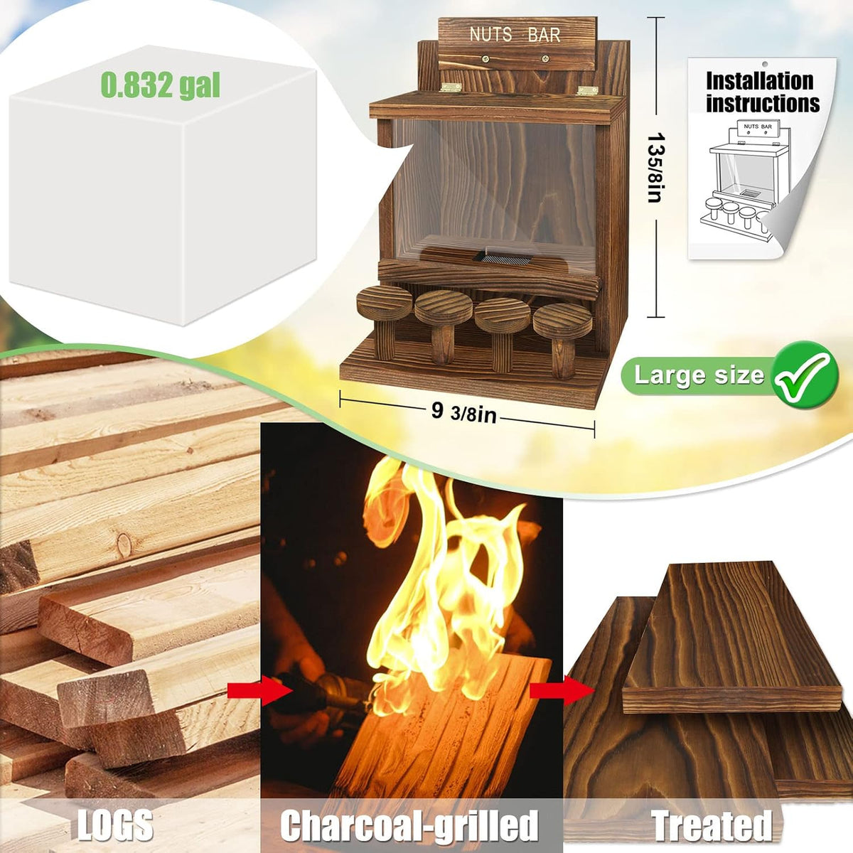 Carbonized Squirrel Feeder, Large Squirrel Feeders for Outside Funny Squrrill Nuts Bar, Durable Wooden Chipmunk House