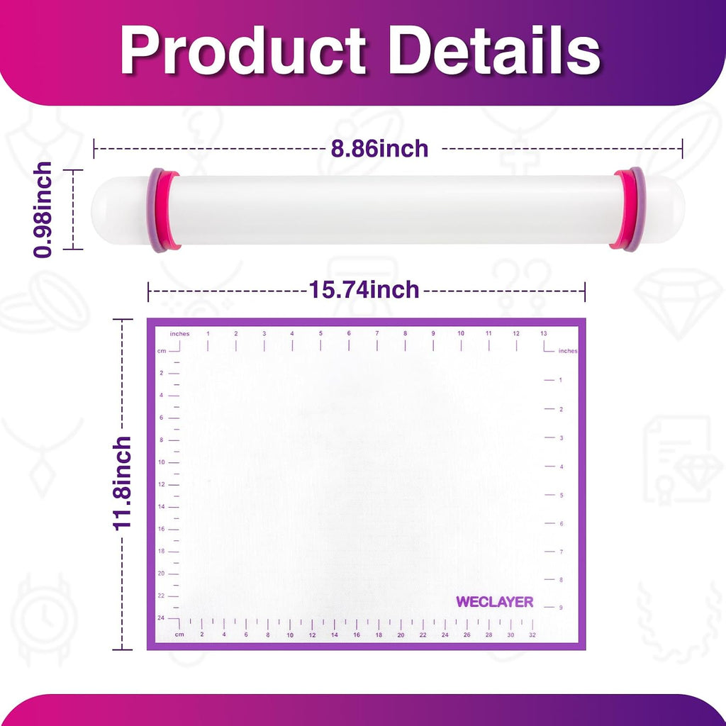 Clay Roller with Thickness Rings and 16" x 12" Silicone Clay Mat with Measurement,Oven-Safe Work Mat with