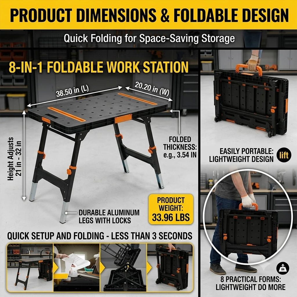 8-in-1 Portable Folding Work Table with US Standard Socket, Multifunctional Heavy Duty Workbench with Wheels