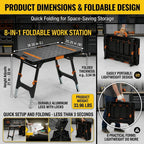 8-in-1 Portable Folding Work Table with US Standard Socket, Multifunctional Heavy Duty Workbench with Wheels