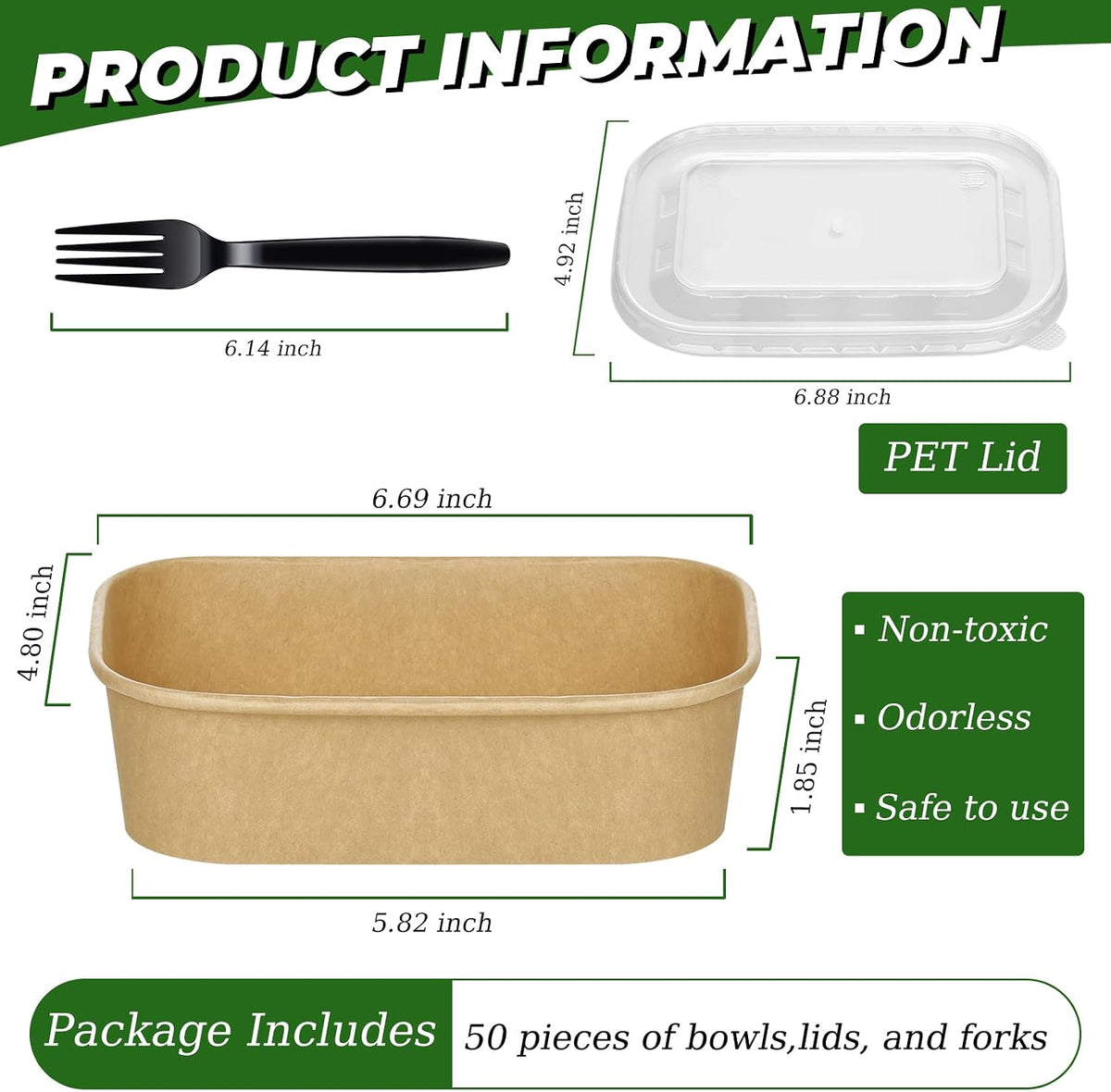 50 Disposable Meal Prep Containers 19oz Kraft Paper Bowls with Lids & Forks