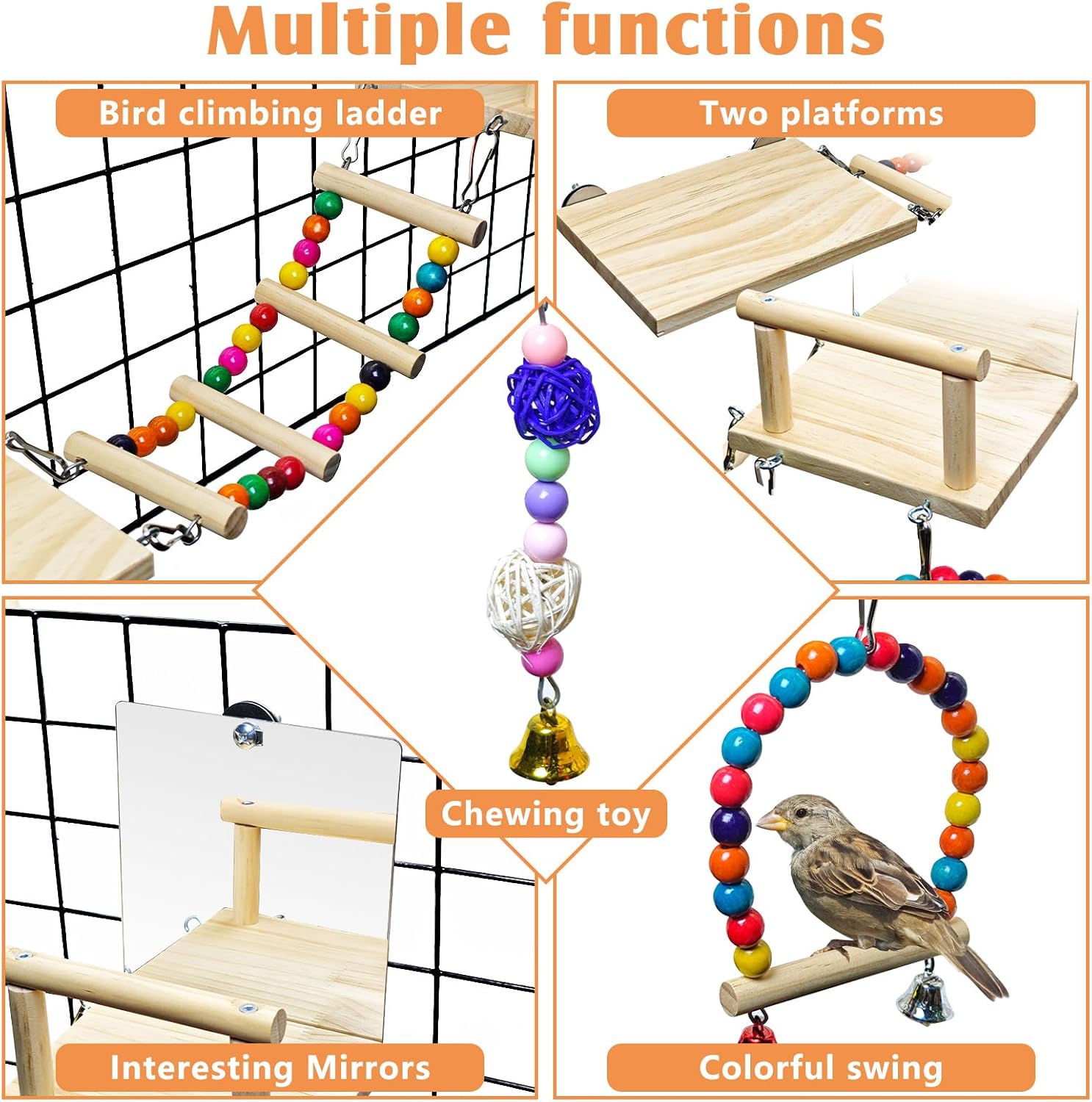 Bird Perch Platform with Mirror, Wooden Climbing Ladder for Parakeet, Small Bird Swing Toys with Hanging Chewing