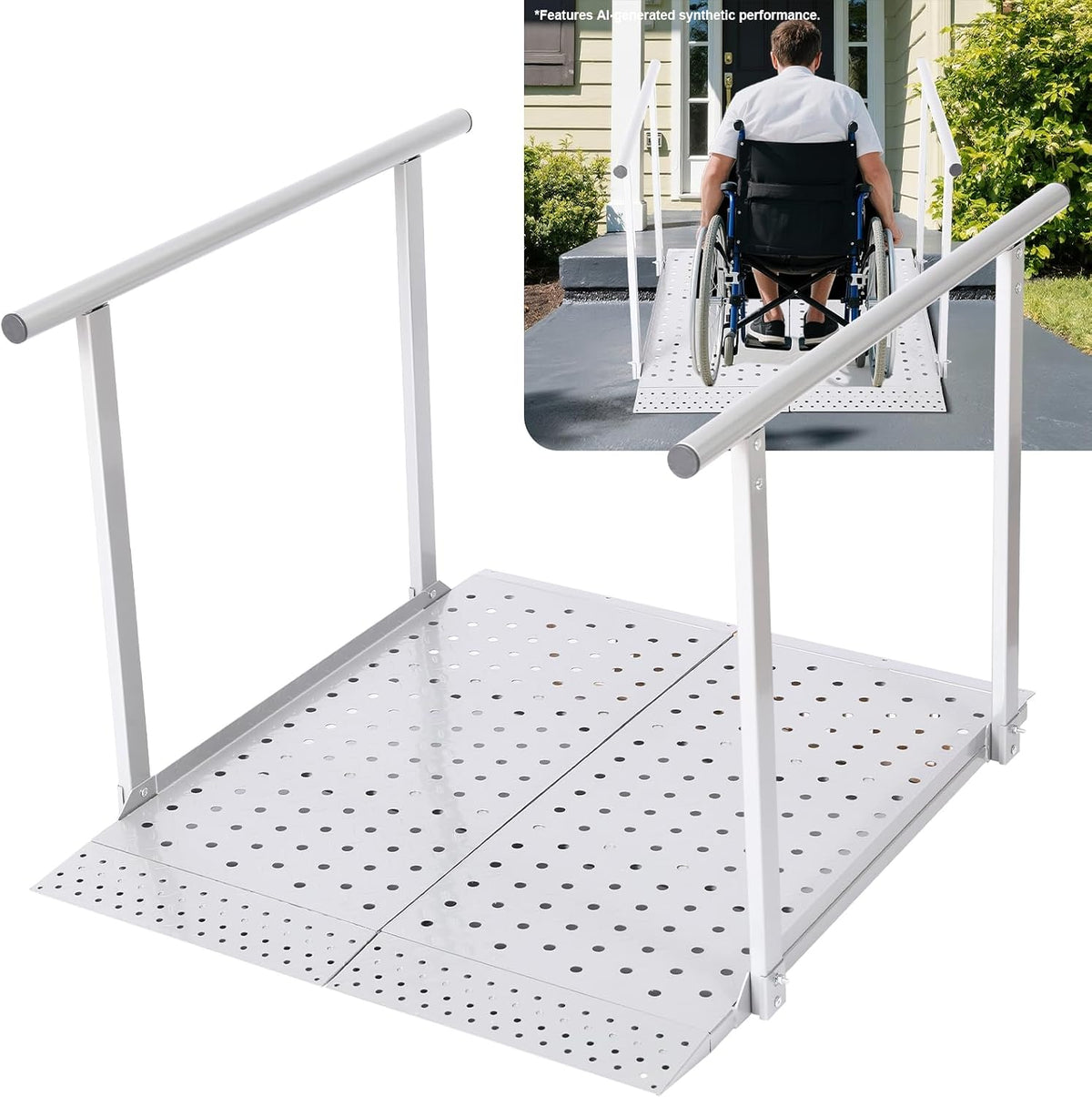 Folding Wheelchair Ramp with Handrails for Steps – Heavy Duty Threshold Ramp 500lbs Capacity, Safe Door Portable Ramp