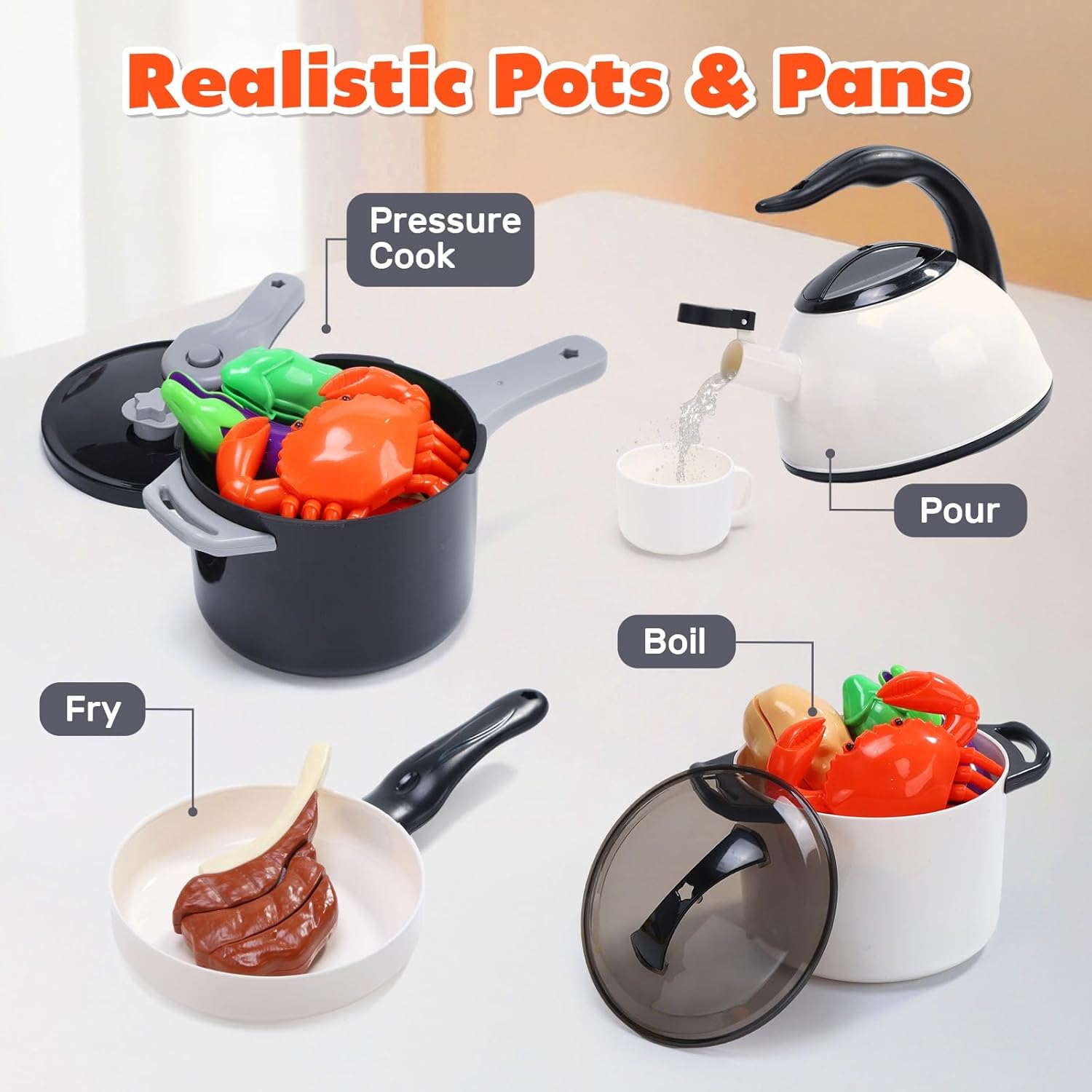 74-Pcs Kids Play Kitchen Accessories, Toddler Pretend Cooking Set, Toy Cookwares Set with Toy Pots and Pans, Cutting