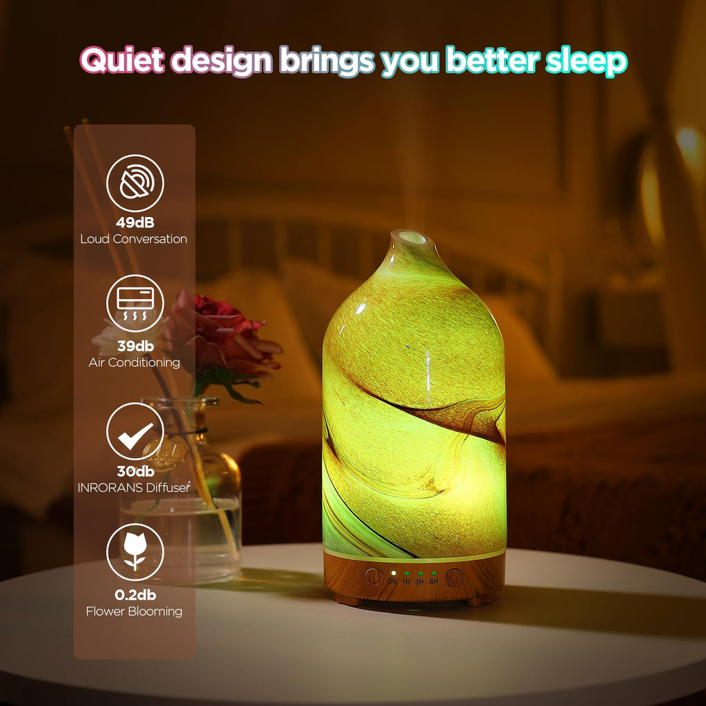 Essential Oil Diffuser Hand Blown Glass Aromatherapy Diffuser - Ultrasonic Cool Mist Scent Aroma Diffuser, Whisper