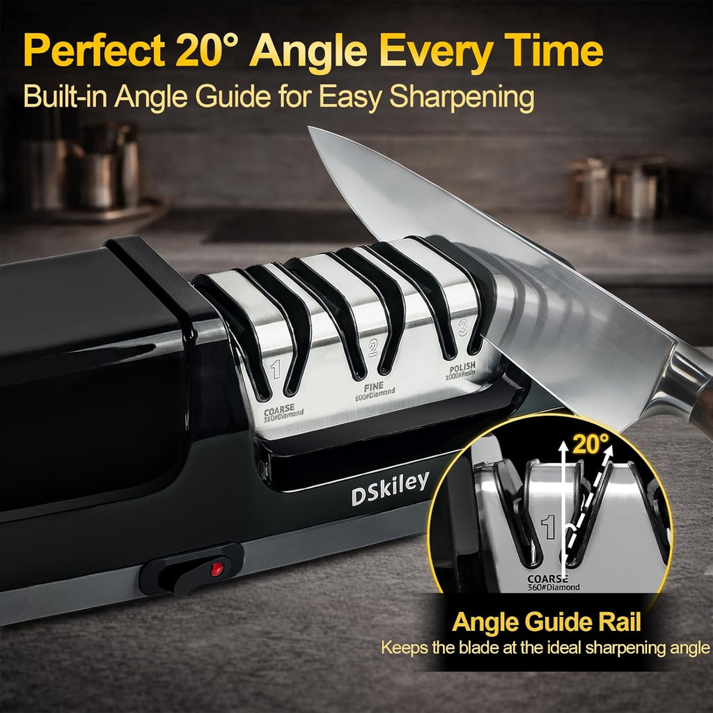 Electric Knife Sharpener for Kitchen – Professional 3-Stage 100% Diamond System with 20° Precision Angle, Fast