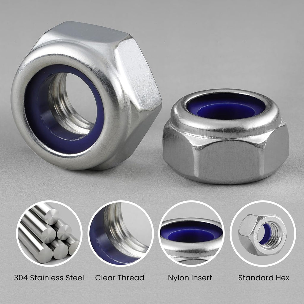 170PCS Metric Lock Nuts Assortment Kit, M3 M4 M5 M6 M8 M10 M12 Nylon Insert Locknuts Set, 304 Stainless Steel Self-Locking Nuts