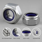 170PCS Metric Lock Nuts Assortment Kit, M3 M4 M5 M6 M8 M10 M12 Nylon Insert Locknuts Set, 304 Stainless Steel Self-Locking Nuts