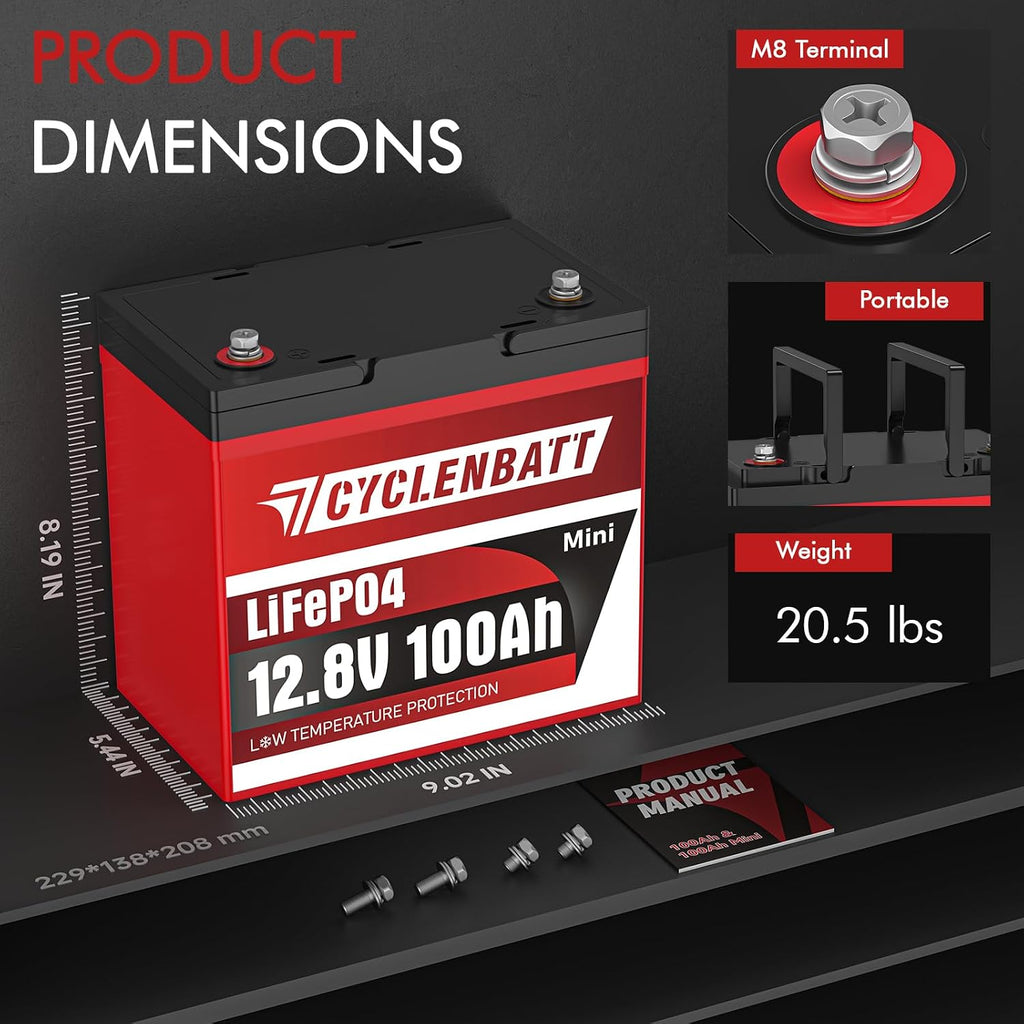 12V 100Ah Mini LiFePO4 Lithium Battery, Low-Temp Protection | Built in 100A Smart BMS, Up to 15000 Deep Cycles